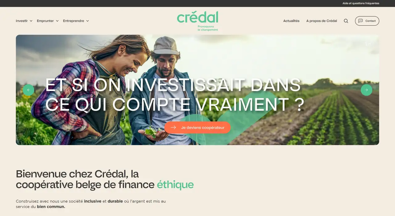 Секция «Первый экран» с сайта https://www.credal.be/, тематика — Финансы, цвета — Белый, Серый, стиль — Корпоративный, Минимализм, типографика — Без засечек