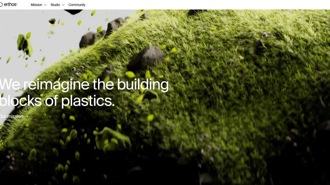 Секция «Первый экран» с сайта https://www.planeterthos.com/, тематика — Некоммерческая деятельность, Производство, цвета — Белый, Черный, Серый, Коричневый, стиль — Полигональный, типографика — Без засечек