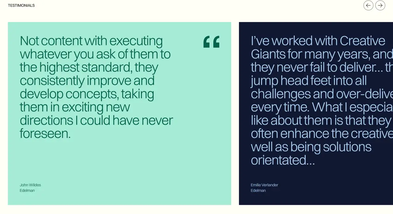 Секция «Отзывы» с сайта https://www.creativegiants.art/, тематика — Искусство, цвета — Белый, Черный, Серый, стиль — Корпоративный, Минимализм, типографика — Без засечек