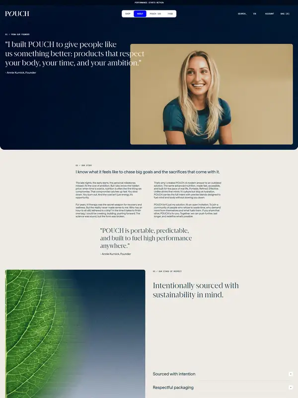 Главная POUCH Drinks, тематика — Еда и напитки, цвета — Белый, Черный, Серый, стиль — Корпоративный, Минимализм, типографика — Без засечек