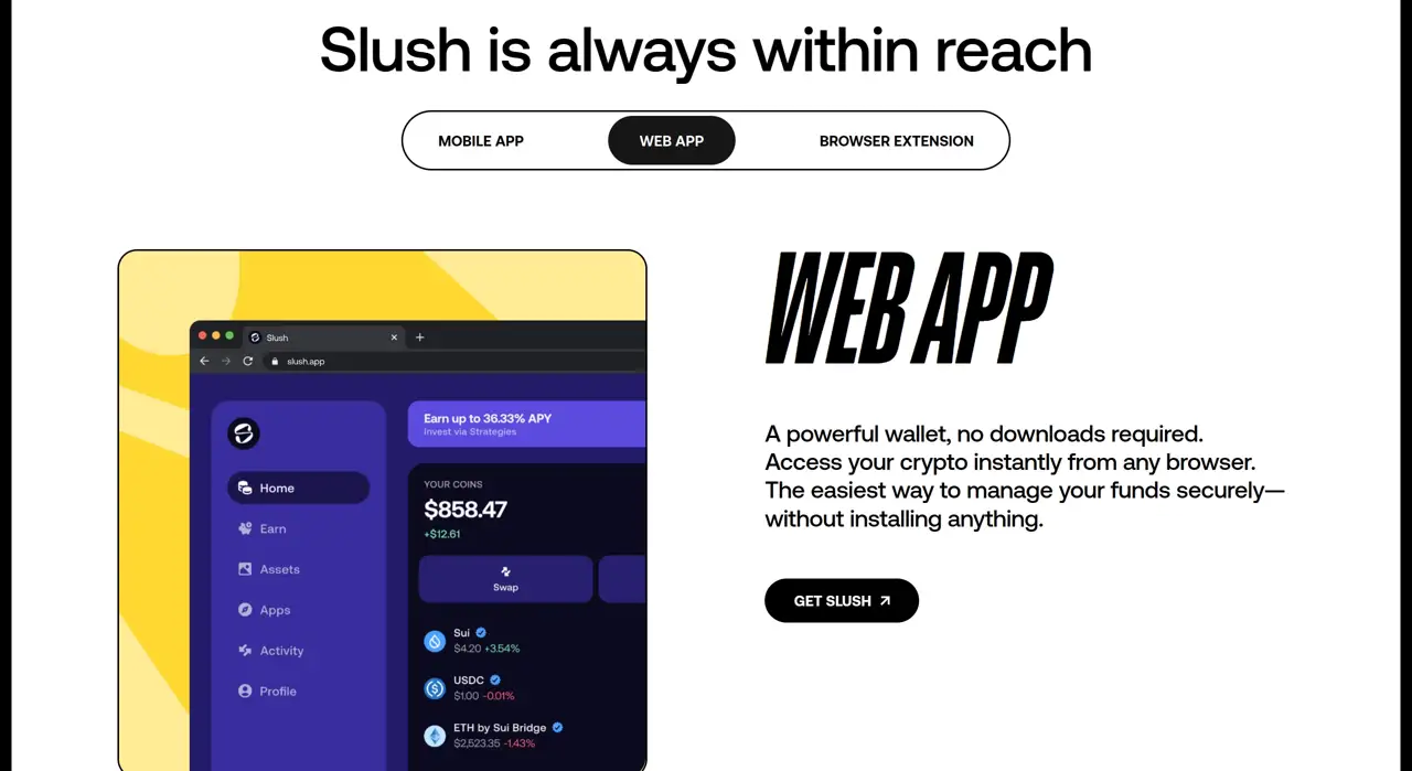 Секция «О продукте» с сайта https://slush.app/, тематика — Крипто  и блокчейн, цвета — Белый, Черный, Серый, стиль — Минимализм, Брутализм, типографика — Без засечек, Декоративные