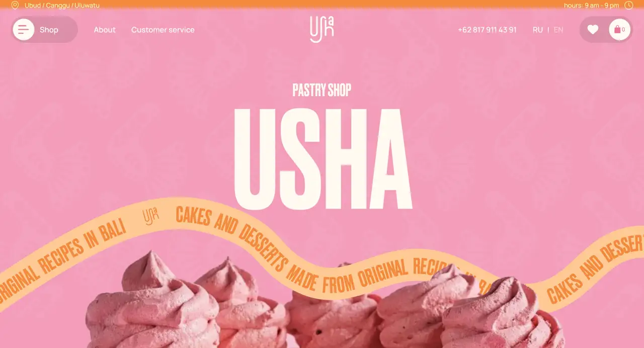 Секция «Первый экран» с сайта https://ushacafe.com/, тематика — Еда и напитки, цвета — Розовый, стиль — Фестивальный, типографика — Без засечек, Декоративные