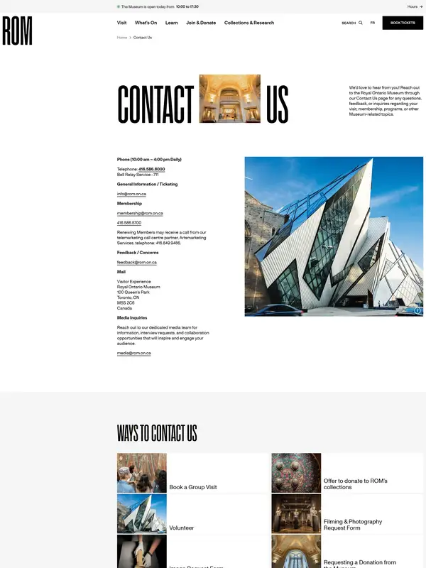 Контакты Royal Ontario Museum, тематика — Искусство, цвета — Белый, Черный, Серый, стиль — Корпоративный, Минимализм, типографика — Без засечек