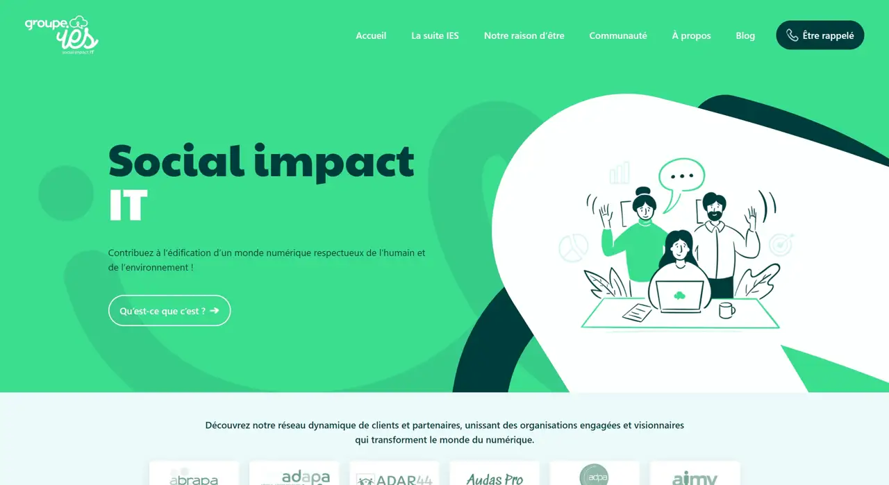 Секция «Первый экран» с сайта https://www.groupe-ies.com/, тематика — Бизнес и профессиональные услуги, цвета — Белый, Зеленый, стиль — Плоский, Корпоративный, типографика — Без засечек, Декоративные