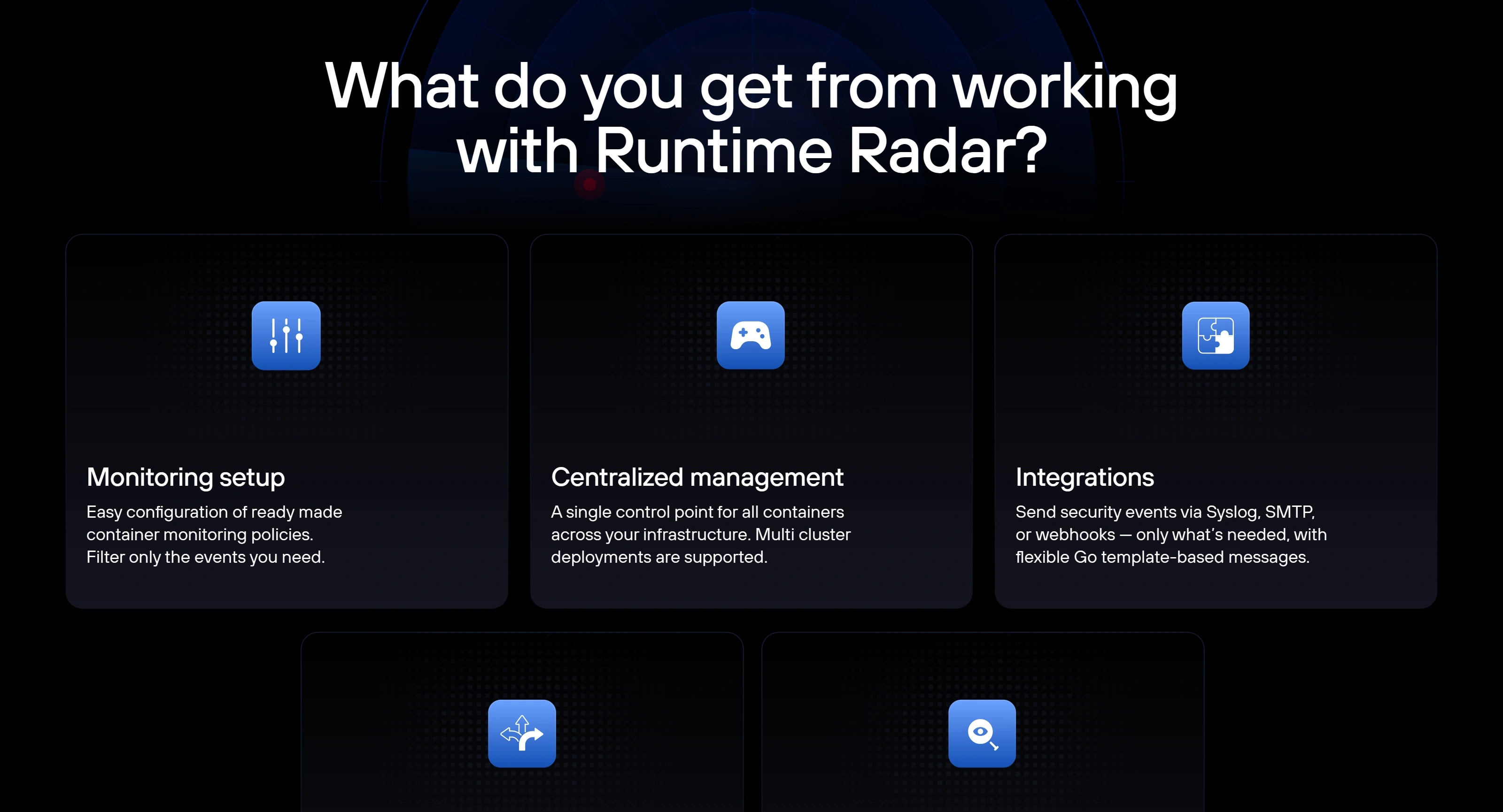 Runtime Radar Секция «Преимущества» с сайта https://runtimeradar.com/en, тематика — IT и программное обеспечение, цвета — Черный, стиль — Корпоративный, Карточный, типографика — Без засечек