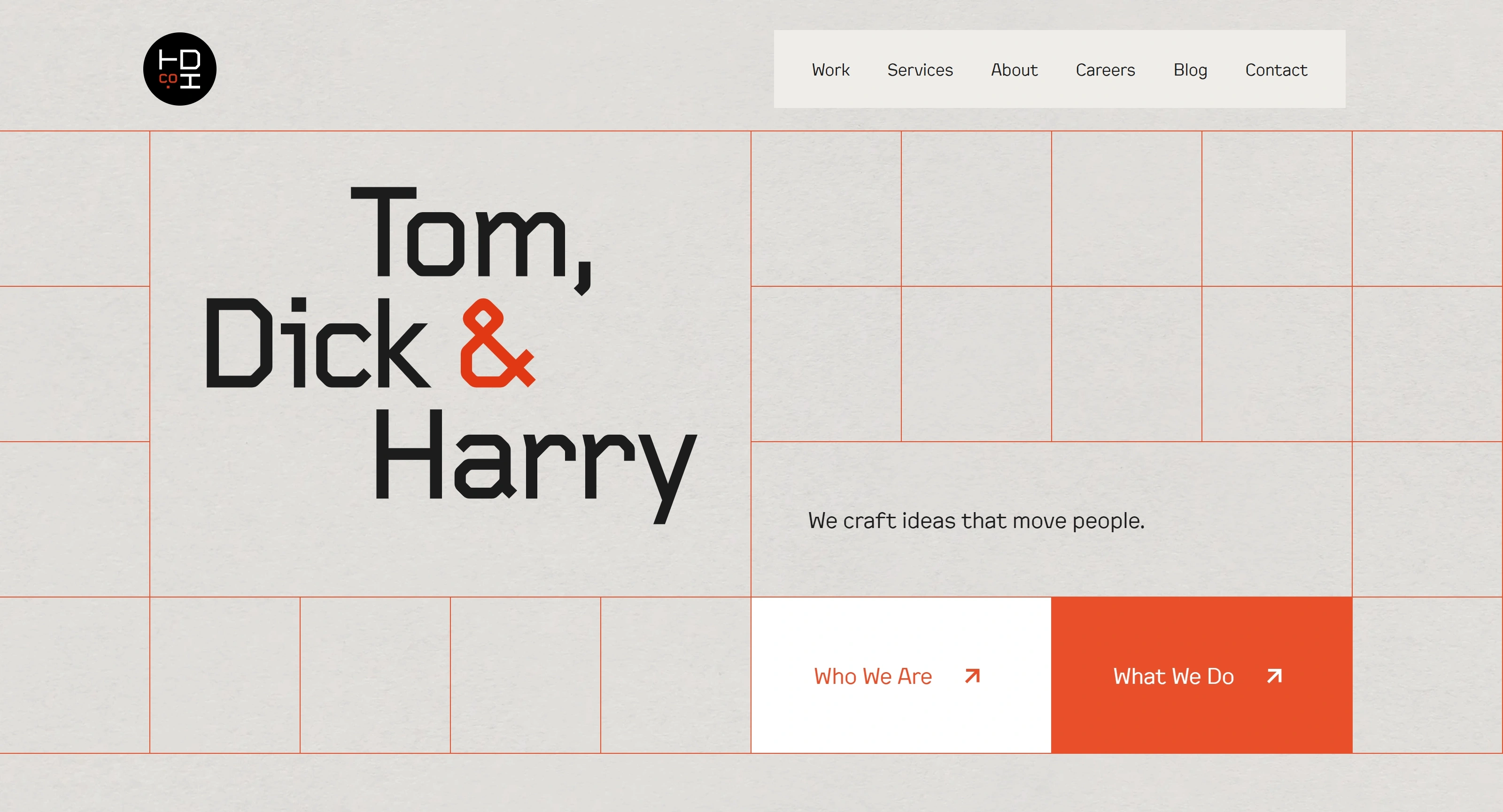 Tom, Dick & Harry Секция «Первый экран» с сайта https://www.tdhcreative.com/, тематика — Агентство , цвета — Белый, стиль — Минимализм, Брутализм, типографика — Без засечек
