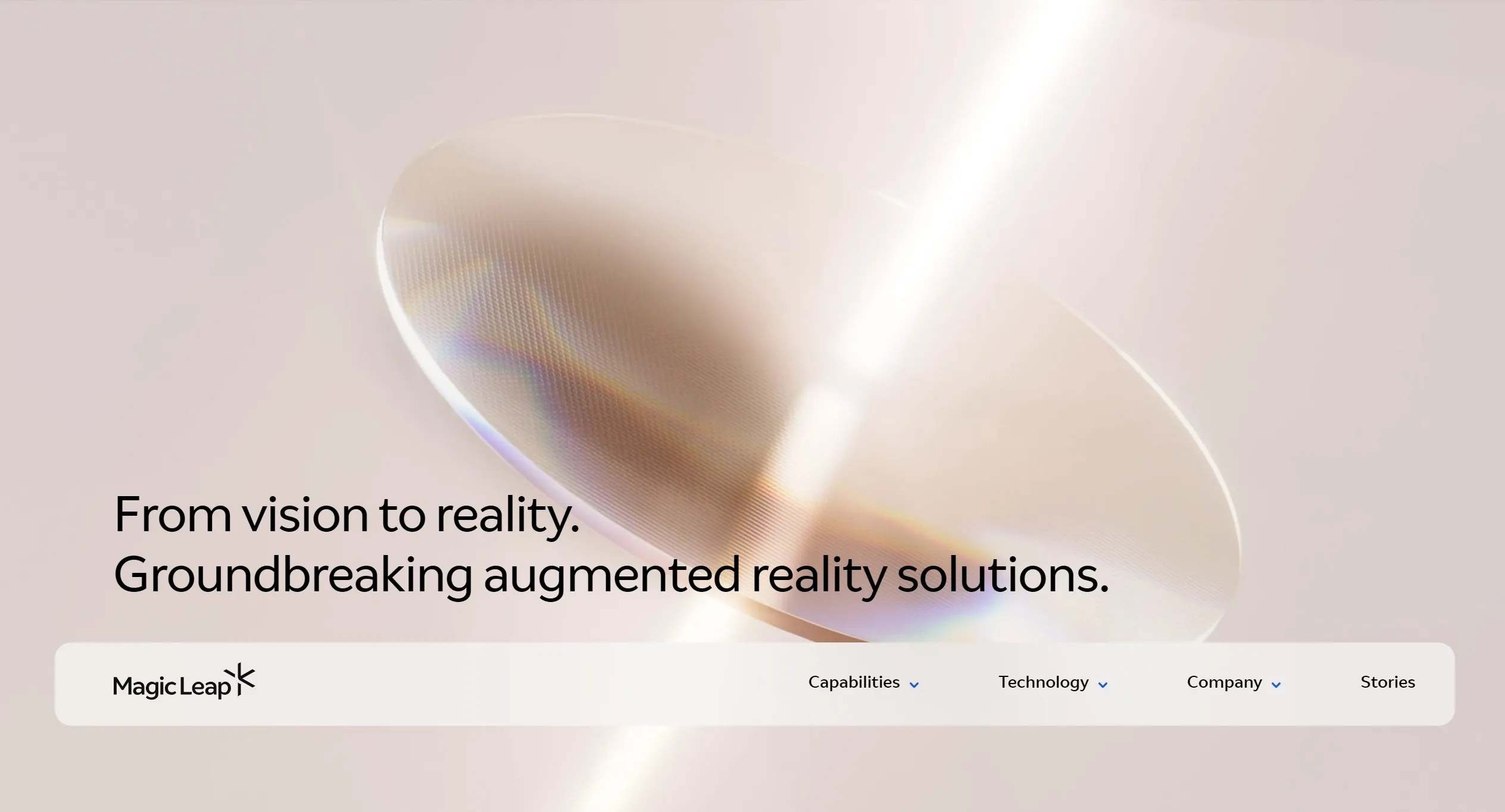 Magic Leap Секция «Первый экран» с сайта https://www.magicleap.com/, тематика — IT и программное обеспечение, цвета — Белый, Серый, стиль — Минимализм, Полигональный, типографика — Без засечек