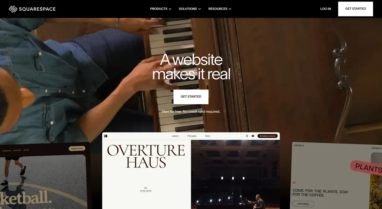 Секция «Первый экран» с сайта https://www.squarespace.com/, тематика — SaaS, цвета — Черный, Серый, стиль — Классический, Корпоративный, типографика — С засечками, Без засечек