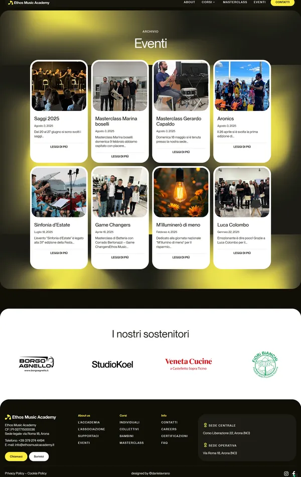 Многостраничный сайт Ethos Music Academy, тематика — Музыка, цвета — Белый, Черный, Серый, стиль — Корпоративный, типографика — Без засечек