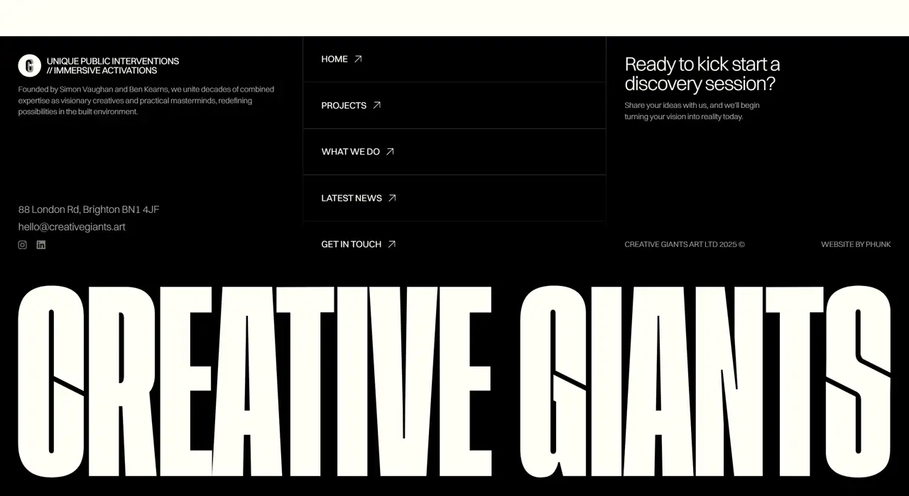 Секция «Футер» с сайта https://www.creativegiants.art/, тематика — Искусство, цвета — Белый, Черный, Серый, стиль — Минимализм, Типографика, Брутализм, типографика — Декоративные