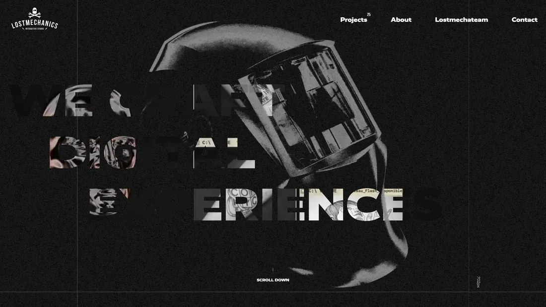 Секция «Первый экран» с сайта https://lostmechanics.com/, тематика — Агентство , цвета — Черный, стиль — Типографика, Брутализм, типографика — Без засечек, Декоративные
