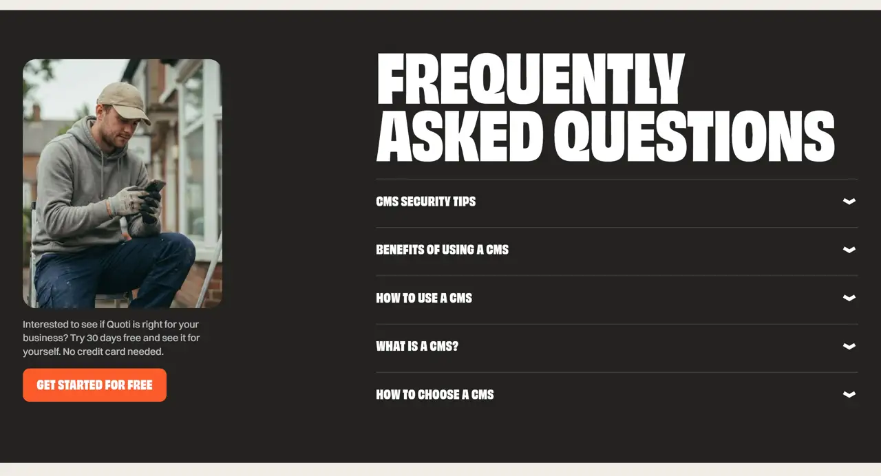 Секция «FAQ» с сайта https://www.getquoti.ai/, тематика — SaaS, цвета — Черный, Серый, стиль — Корпоративный, Минимализм, типографика — Без засечек, Декоративные