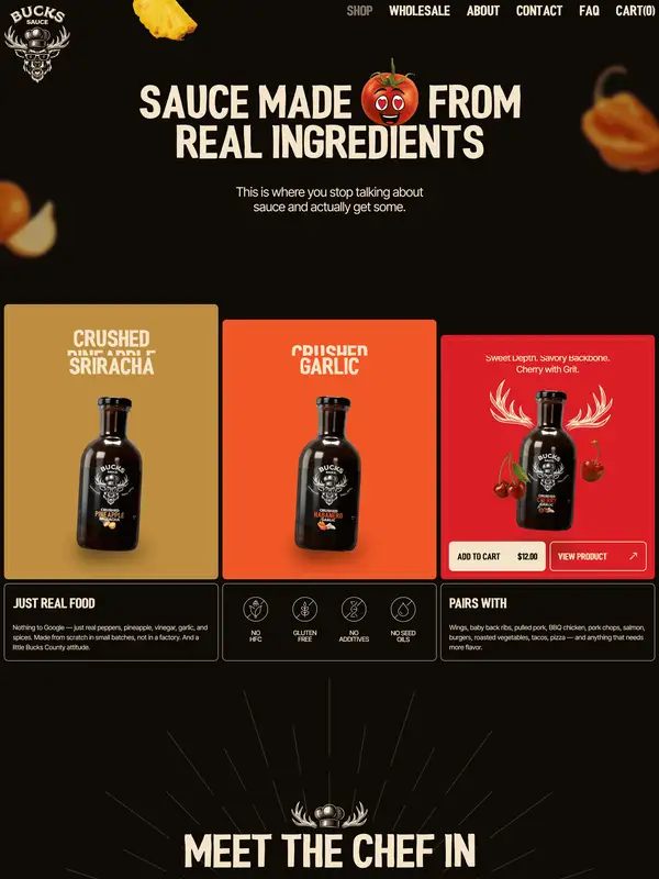 Лендинг Bucks Sauce, тематика — Еда и напитки, цвета — Черный, Коричневый, стиль — Карточный, Брутализм, типографика — Без засечек, Декоративные