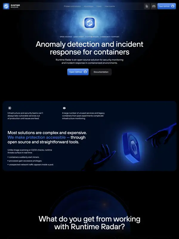 Лендинг Runtime Radar, тематика — IT и программное обеспечение, цвета — Черный, стиль — Корпоративный, Минимализм, типографика — Без засечек