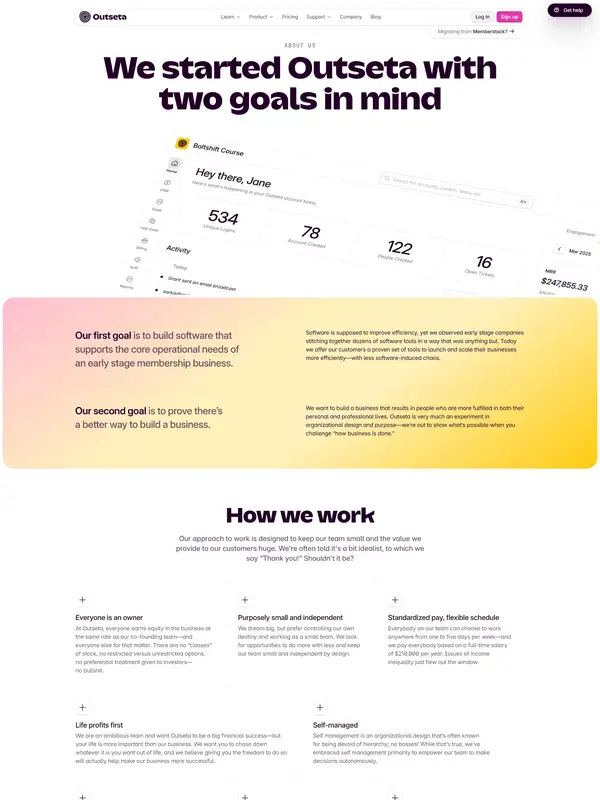 Страница о компании Outseta, тематика — SaaS, цвета — Белый, стиль — Корпоративный, Минимализм, типографика — Без засечек