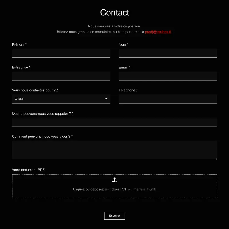 Секция «Контакты» с сайта https://retines.fr/, тематика — Бизнес и профессиональные услуги, цвета — Черный, стиль — Минимализм, типографика — Без засечек