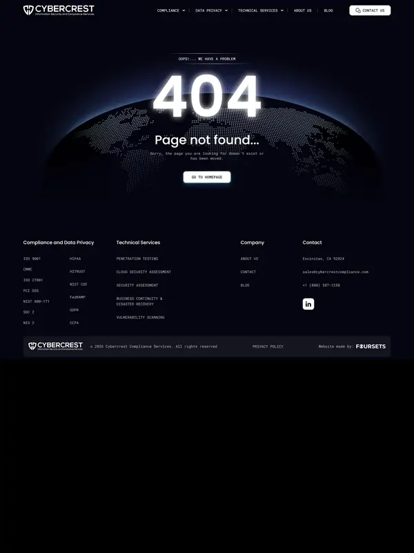 404-страница CyberCrest, тематика — IT и программное обеспечение, цвета — Черный, стиль — Корпоративный, Минимализм, типографика — Без засечек