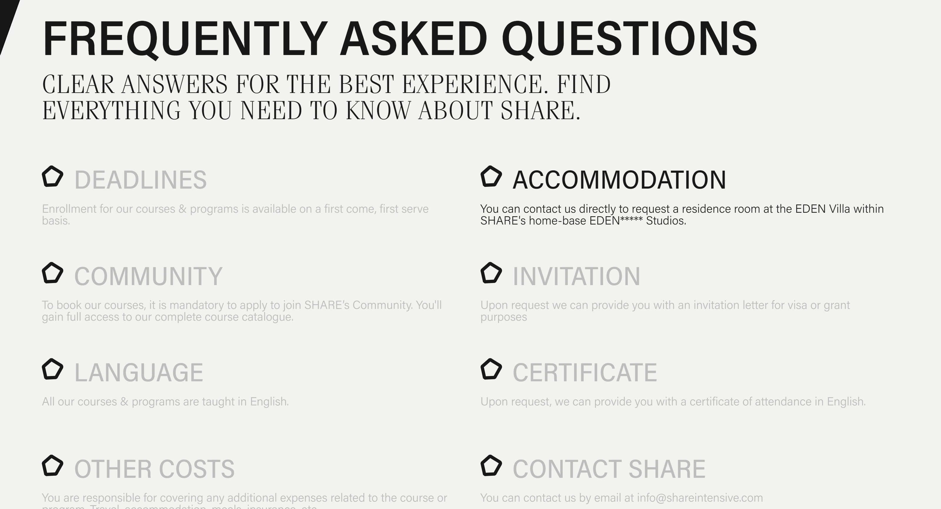 SHARE Секция «FAQ» с сайта https://www.shareintensive.com/, тематика — Искусство, цвета — Белый, стиль — Корпоративный, Минимализм, типографика — Без засечек