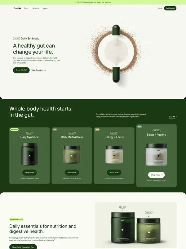 Продукт Seed, тематика — Здоровье и фитнес, цвета — Белый, Черный, Серый, стиль — Минимализм, Органический и природный, типографика — Без засечек