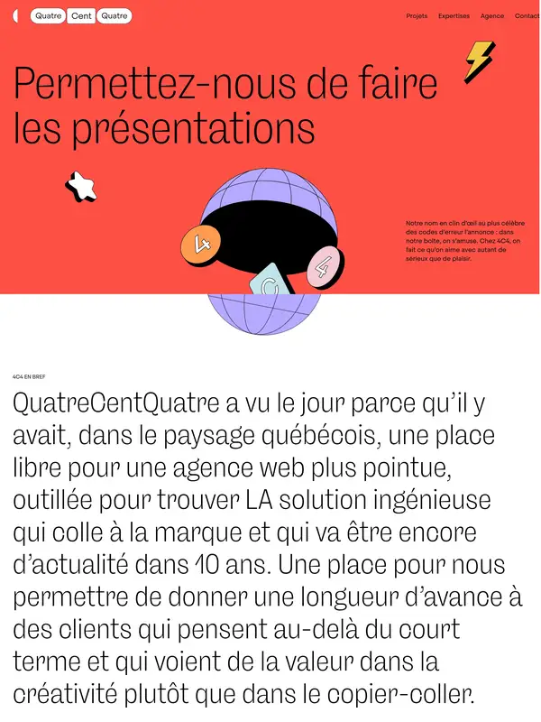 Страница о компании QuatreCentQuatre, тематика — Агентство , цвета — Белый, Красный, стиль — Брутализм, типографика — Без засечек, Декоративные