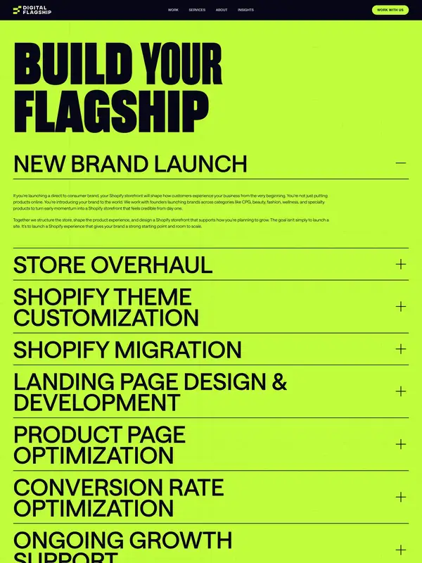 Услуги Digital Flagship, тематика — SaaS, цвета — Черный, Желтый, Зеленый, стиль — Типографика, Брутализм, типографика — Без засечек, Декоративные