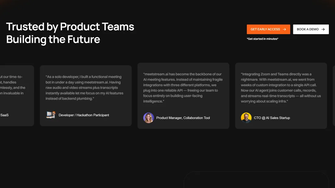 Секция «Отзывы» с сайта https://meetstream.ai/, тематика — SaaS, цвета — Черный, стиль — Минимализм, типографика — Без засечек