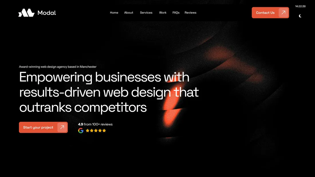 Секция «Первый экран» с сайта https://www.modal.co.uk/, тематика — Дизайн, Бизнес и профессиональные услуги, цвета — Черный, стиль — Корпоративный, Минимализм, типографика — Без засечек