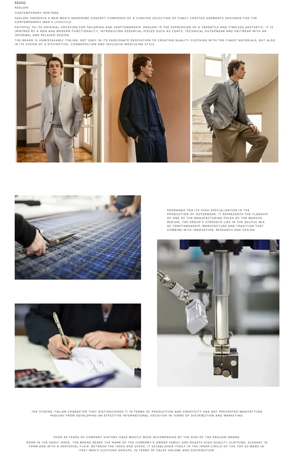 Секция «О компании» с сайта https://paoloni.it/en, тематика — Интернет-магазин, Одежда, цвета — Белый, Серый, стиль — Корпоративный, Минимализм, типографика — Без засечек
