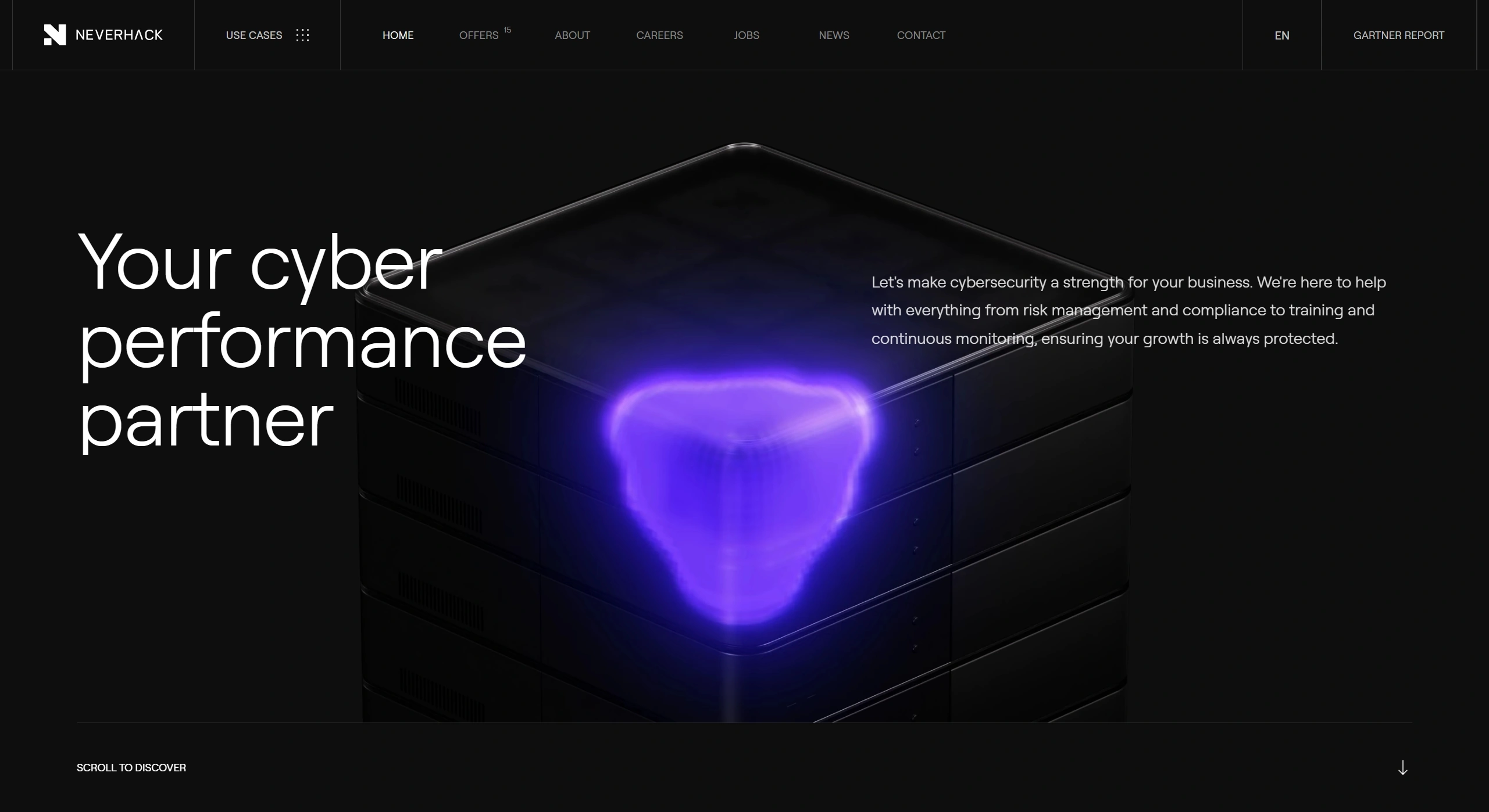 Neverhack Секция «Первый экран» с сайта https://neverhack.com/en, тематика — IT и программное обеспечение, цвета — Черный, стиль — Минимализм, Полигональный, типографика — Без засечек