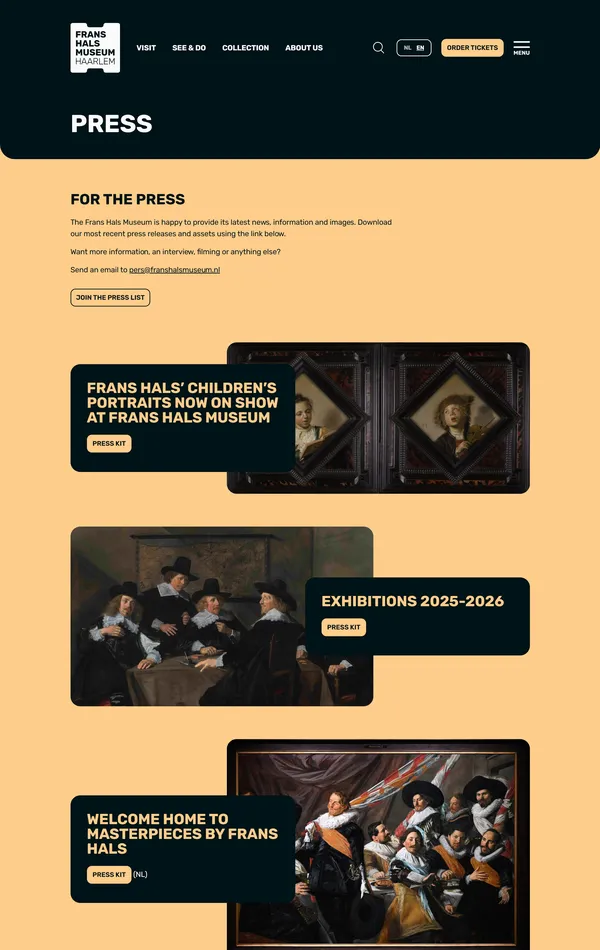 Блог Frans Hals Museum, тематика — Искусство, цвета — Черный, Серый, Желтый, стиль — Классический, Корпоративный, типографика — Без засечек