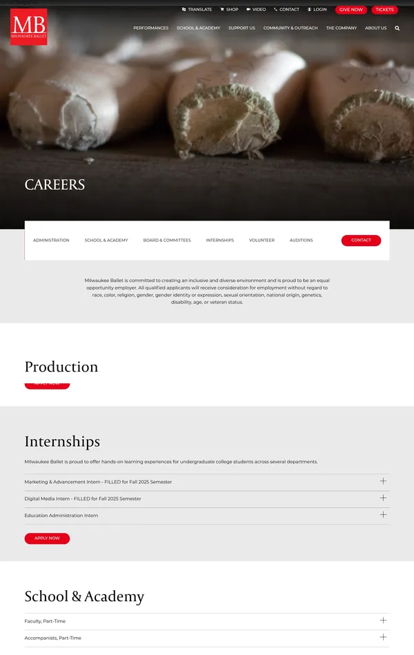 Страница карьеры Milwaukee Ballet, тематика — Искусство, цвета — Белый, Черный, стиль — Классический, Корпоративный, типографика — Без засечек