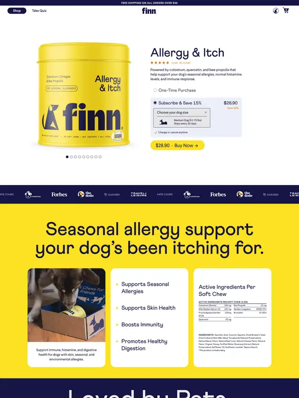 Продукт Finn, тематика — Домашние животные, цвета — Белый, Черный, Серый, стиль — Корпоративный, Карточный, типографика — Без засечек, Декоративные