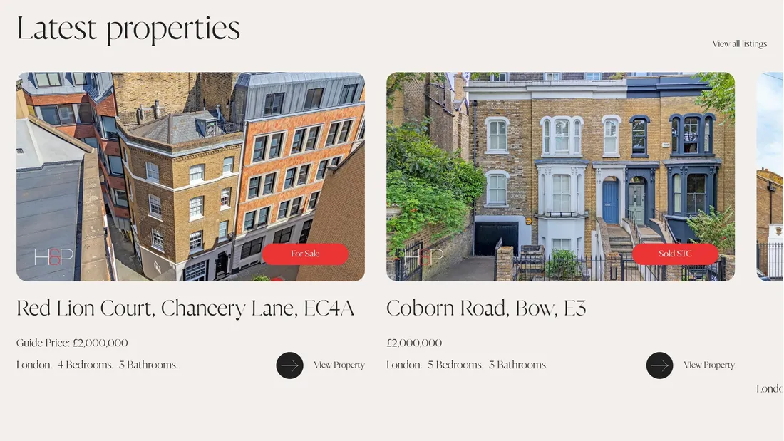 Секция «Товары» с сайта https://www.huttonsandpartners.com/, тематика — Недвижимость, цвета — Белый, Серый, стиль — Классический, Минимализм, типографика — Без засечек, С засечками