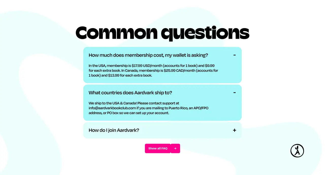 Секция «FAQ» с сайта https://www.aardvarkbookclub.com/, тематика — Интернет-магазин, цвета — Белый, Серый, стиль — Карточный, Минимализм, типографика — Без засечек, Декоративные