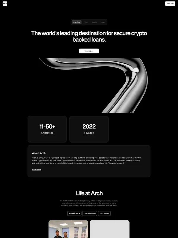 Страница карьеры Arch Lending, тематика — Крипто  и блокчейн, цвета — Черный, стиль — Корпоративный, Минимализм, типографика — Без засечек