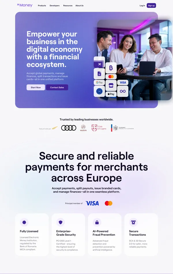 Главная xMoney, тематика — Финансы, цвета — Белый, Серый, Фиолетовый, стиль — Корпоративный, типографика — Без засечек