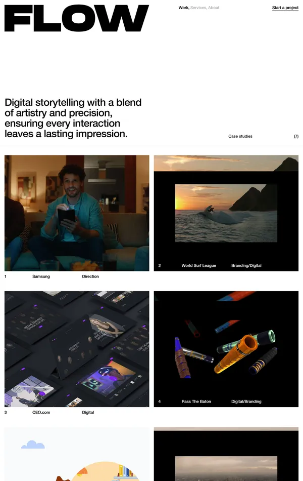 Портфолио Flow, тематика — Дизайн, Агентство , цвета — Белый, Черный, Серый, стиль — Минимализм, Типографика, типографика — Без засечек
