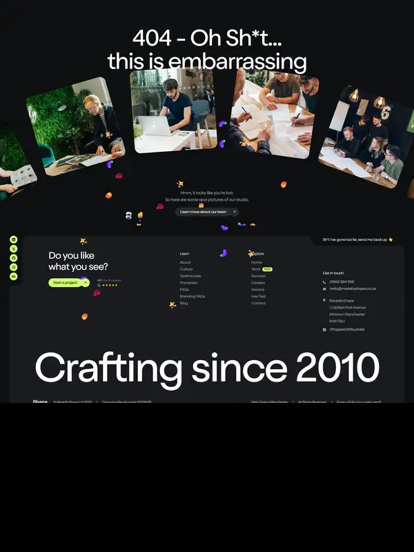 404-страница MadeByShape, тематика — Агентство , цвета — Черный, Серый, стиль — Карточный, Брутализм, типографика — Без засечек, Декоративные