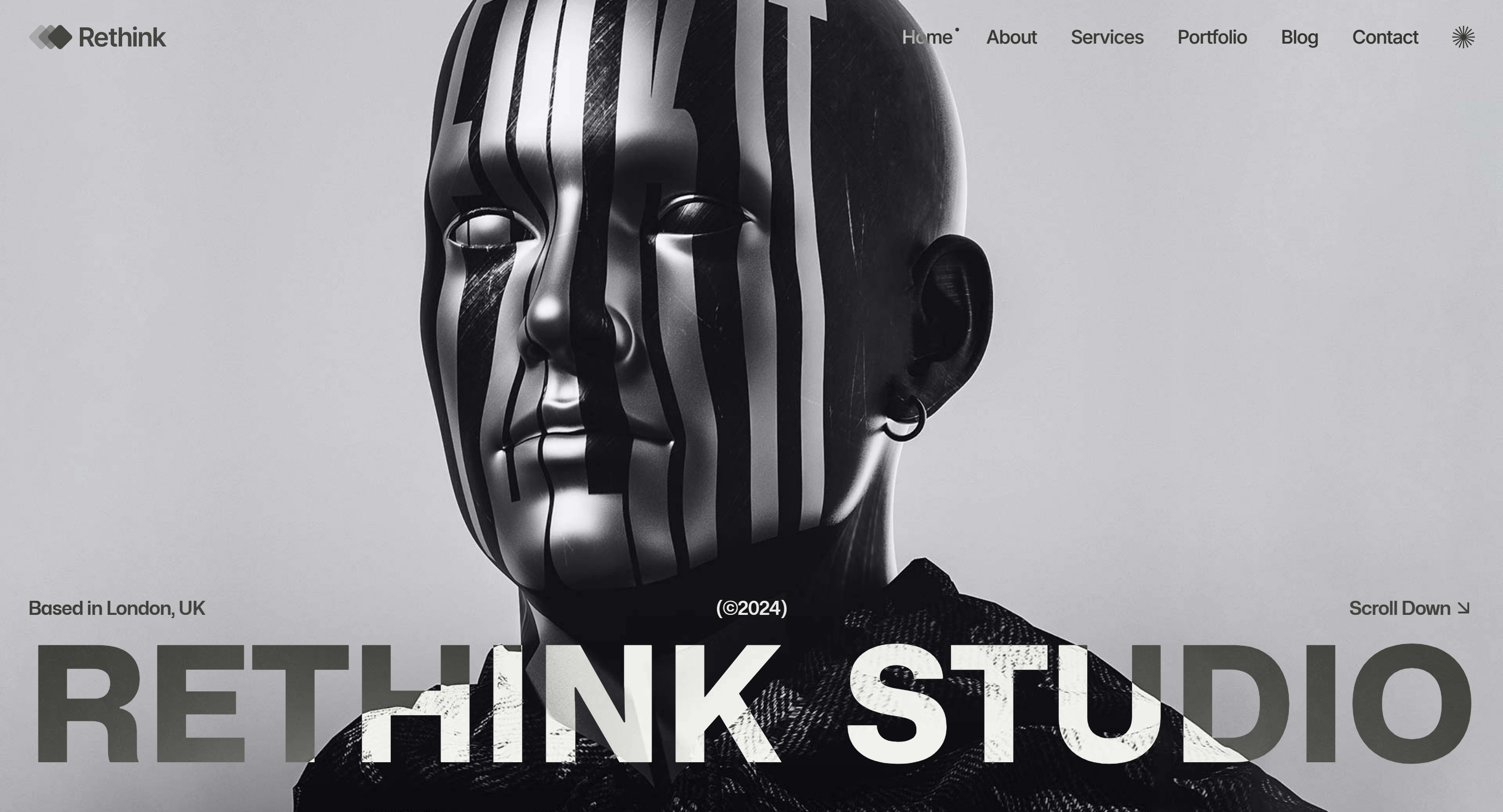 Rethink Секция «Первый экран» с сайта https://studio-rethink.webflow.io/, тематика — Дизайн, цвета — Белый, Черный, Серый, стиль — Минимализм, Брутализм, типографика — Без засечек, Декоративные