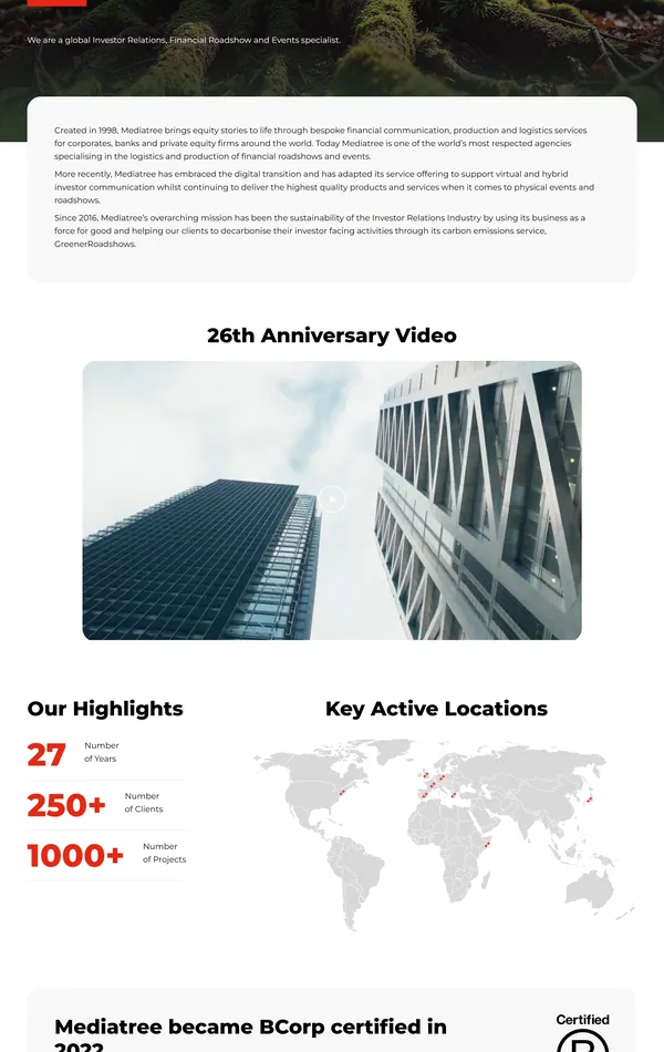 Страница о компании Mediatree, тематика — Бизнес и профессиональные услуги, цвета — Белый, Черный, Серый, стиль — Корпоративный, типографика — Без засечек