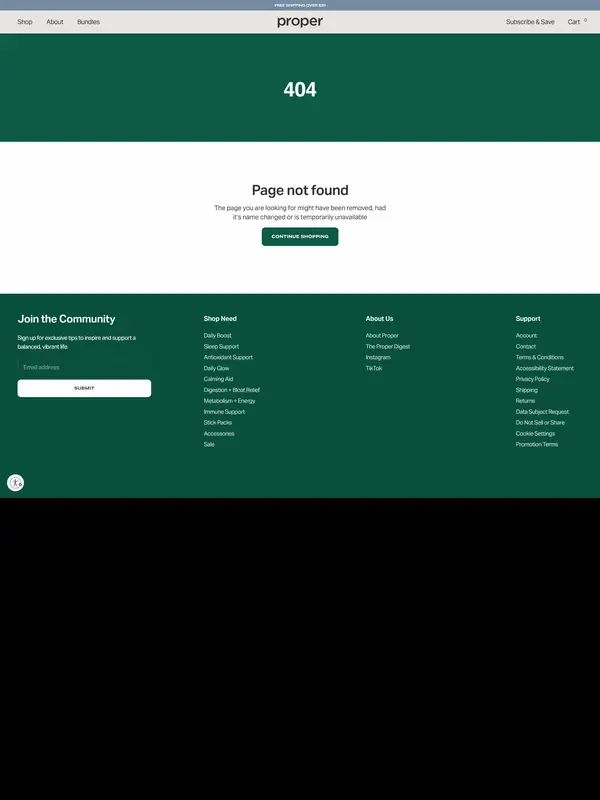 404-страница Proper Health, тематика — Здоровье и фитнес, цвета — Белый, Черный, стиль — Минимализм, типографика — Без засечек