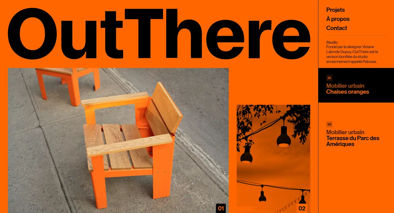 Секция «Портфолио» с сайта https://www.outthere.studio/, тематика — Дизайн, цвета — Серый, Оранжевый, Коричневый, стиль — Брутализм, типографика — Без засечек, Декоративные