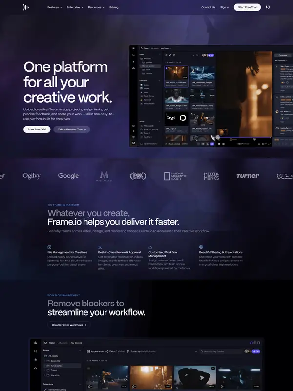 Главная Frame.io, тематика — Медиа, IT и программное обеспечение, цвета — Черный, стиль — Корпоративный, Минимализм, типографика — Без засечек
