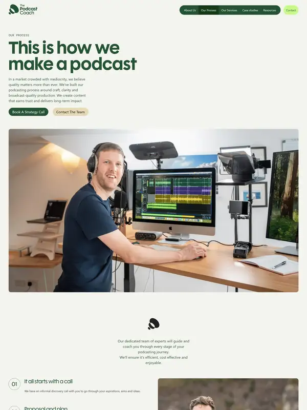 Услуги The Podcast Coach, тематика — Агентство , цвета — Белый, Серый, стиль — Корпоративный, Минимализм, типографика — Без засечек