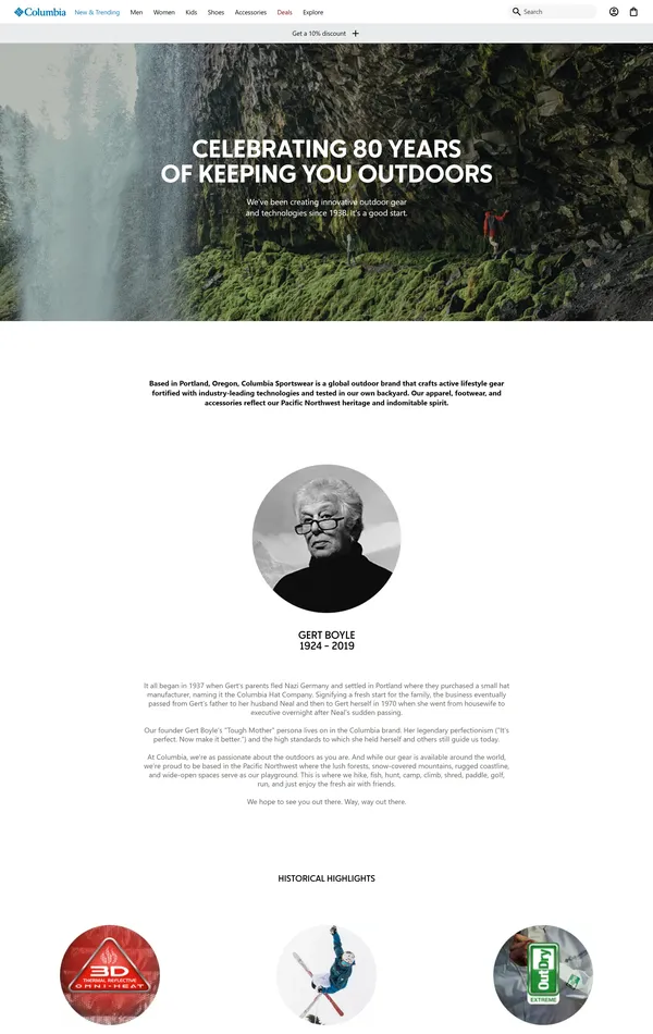 Страница о компании Columbia, тематика — Одежда, цвета — Белый, Серый, стиль — Корпоративный, Минимализм, типографика — Без засечек