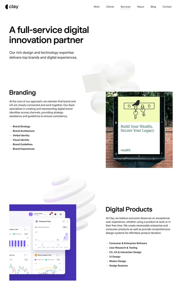 Услуги Clay, тематика — Дизайн, IT и программное обеспечение, цвета — Белый, стиль — Корпоративный, Минимализм, типографика — Без засечек