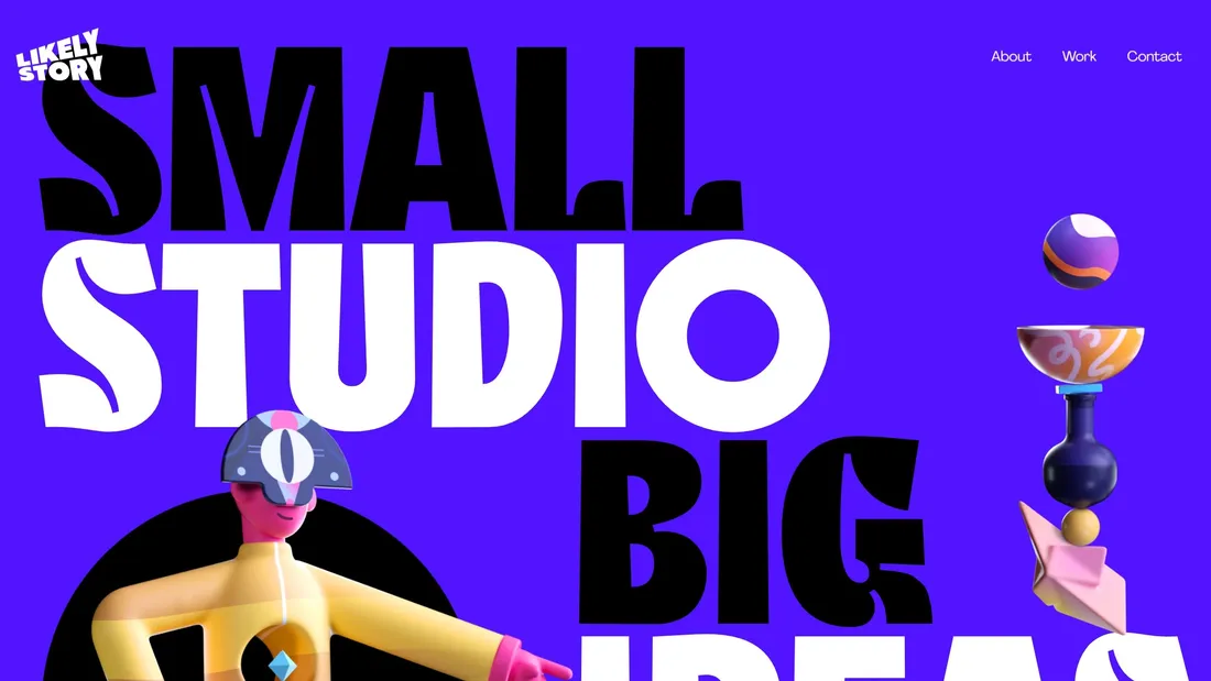 Секция «Первый экран» с сайта https://likely-story.co.uk/, тематика — Дизайн, цвета — Белый, Черный, Фиолетовый, стиль — Фестивальный, Типографика, Брутализм, типографика — Без засечек, Декоративные