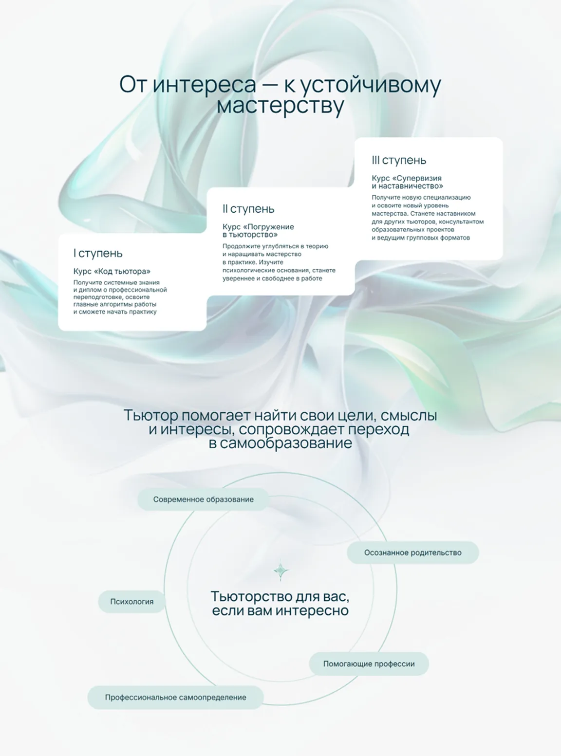 Школа тьюторства Секция «О продукте» с сайта https://tutorlevel.com/?ref=https://tilda.cc/ru/madeontilda/, тематика — Образование, цвета — Белый, стиль — Минимализм, Органический и природный, типографика — Без засечек