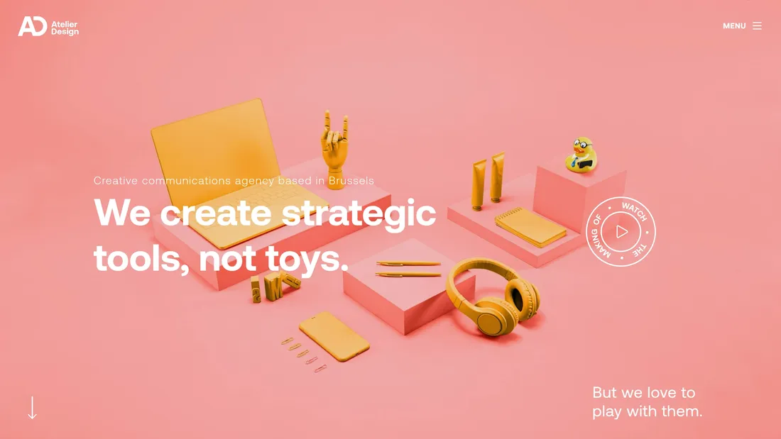 Секция «Первый экран» с сайта https://atelierdesign.be/, тематика — Агентство , цвета — Розовый, стиль — Корпоративный, типографика — Без засечек