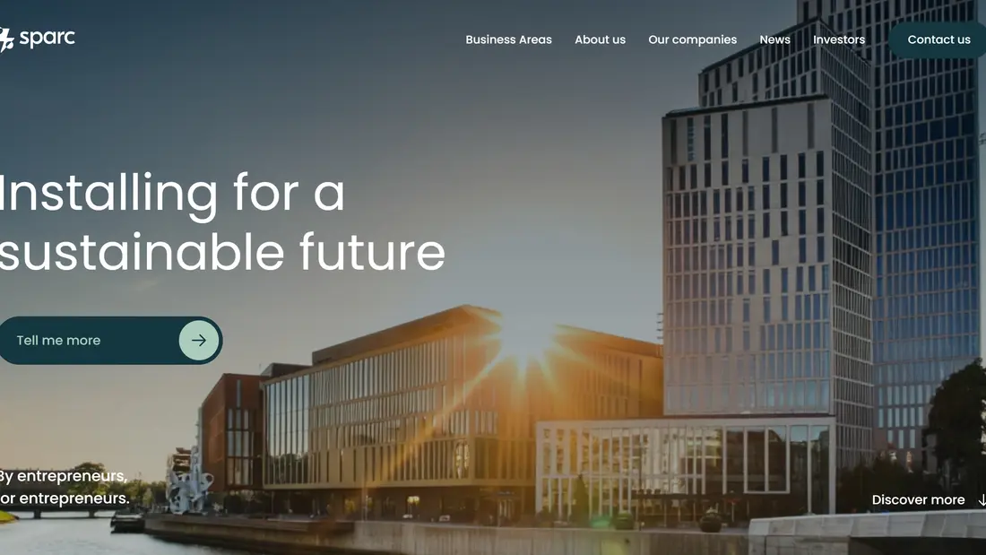 Секция «Первый экран» с сайта https://www.sparcgroup.se/en, тематика — Бизнес и профессиональные услуги, цвета — Черный, Серый, стиль — Корпоративный, Минимализм, типографика — Без засечек